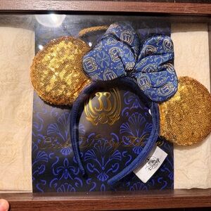 Club 33 Disney Minnie Ears Gold Sequin Blue Bow | Exclusive | framed